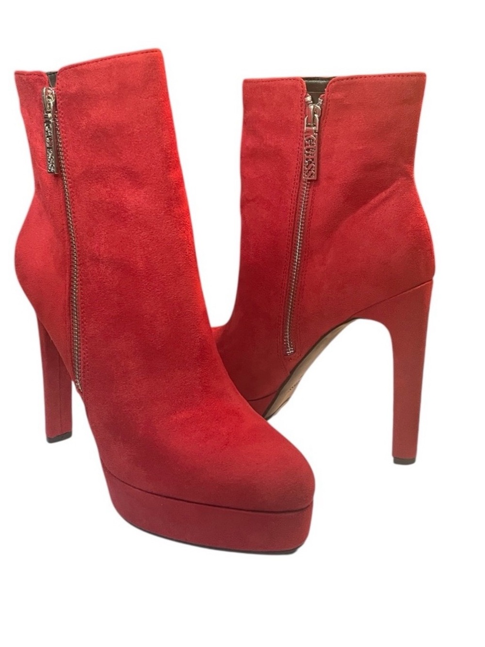 Guess Red Suede Platform Ankle Boots with Side Zipper
